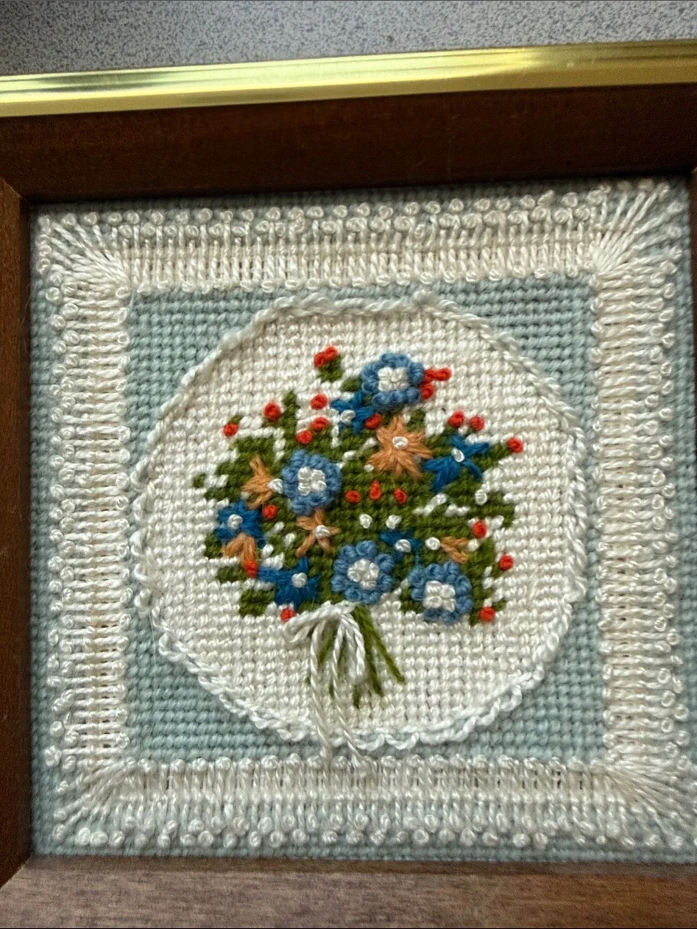 Vintage Framed Embroidered Floral Bouquet Needlepoint cottagecore granny garden